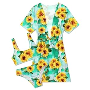 AIDEAONE Girls 3 Piece Bikini Swimsuit Set Cute Bathing Suit with Quick Dry Kimono Drawstring Coverup for 5-12 Years