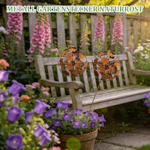 WRQIOO 2 Stück Gartenstecker Blume Rost, Metall Gartenstecker Naturrost, Rostdeko Gartendeko Metall Rost Flower Ball, Gartenkugeln für Garten, Terrasse, Balkon, Vorgarten & Außenbereich