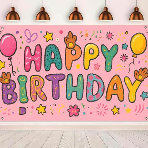Image of HOMETITUTE Pink Cartoon Happy Birthday Banner Balloons Stars Flowers Streamers Confetti Party Decorations with Cute Cartoon Letters Birthday Banner Party Indoor and Outdoor Backdrop 71x43 Inch