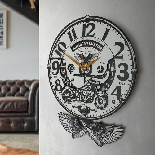 goodtime American Custom Motorcycle Wall Clock with Swinging Pendulum Vintage Style Black and White Motorcycle Wall Art Gifts for Fans Motorcycle Owners Harley Davidson Gifts for Men and Women