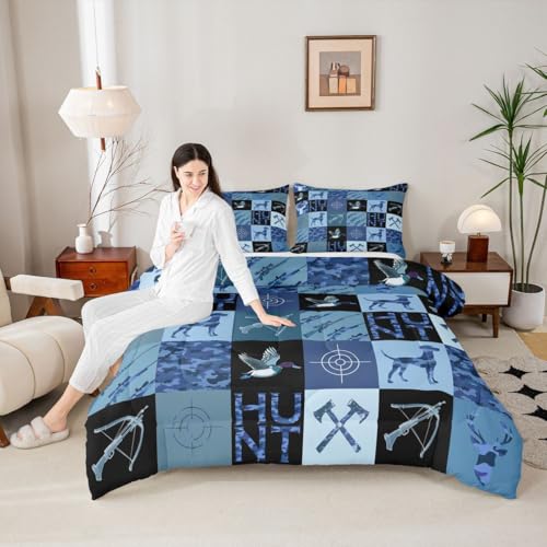 Image of Feelyou Hunting Camo Theme Comforter Set Queen Size for Boys Teens Kids,Camouflage Deer Duck Hunt Bedding Sets Mallard Duck Hunter Quilt Men Blue Room Decor