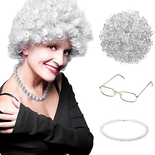 Fyihoxi 3 Piezas Peluca Abuela, Disfraz Abuela, Old Lady Costume, Cosplay Abuela, Accesorios para Disfraz de Abuela Peluca Cap Gafas Gafas Chains Strap Collar de Perlas