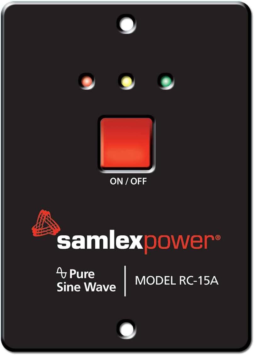 Front view of Samlex America Samlex Solar RC-15A Remote Control showing LED indicators and On/Off button