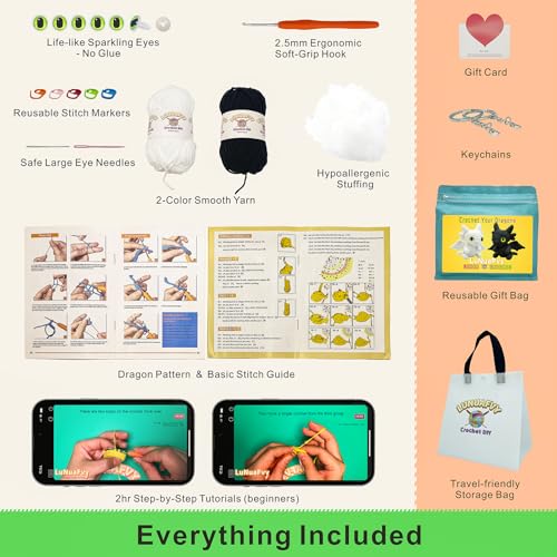 Image of LuNuaFvy Crochet Kit for Beginners, Adults & Kids - Complete Animal Starter Kit to Make 2 Cute Dragons, Easy-to-Follow Book & Video Tutorial, Soft Yarn, Gift & Storage Bags