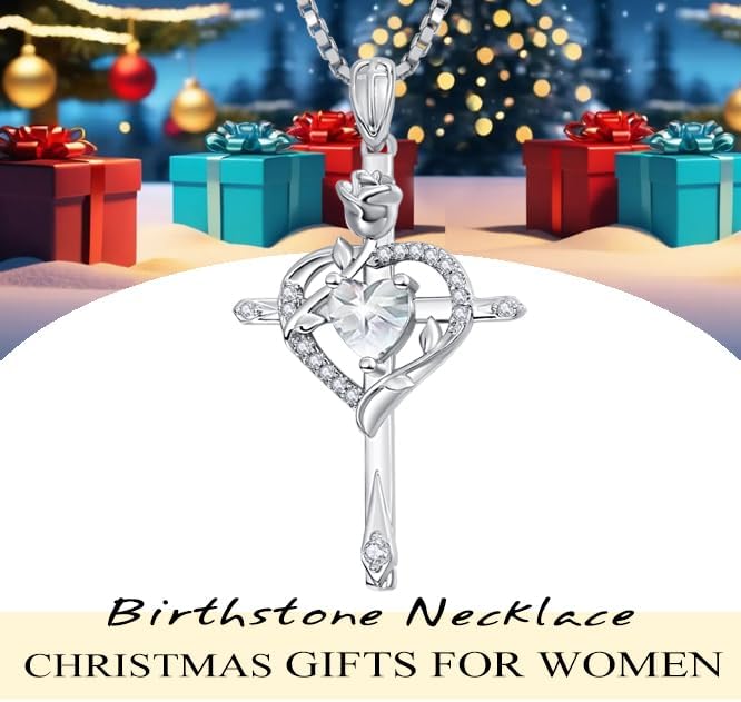 Cross Necklace for Women Gold 14K 18K Gold Plated Dainty Heart Birthstone Rose Necklaces Everyday Jewelry Baptism Faith Anniversary Christmas Birthday Gifts for Wife Mom - Image 4