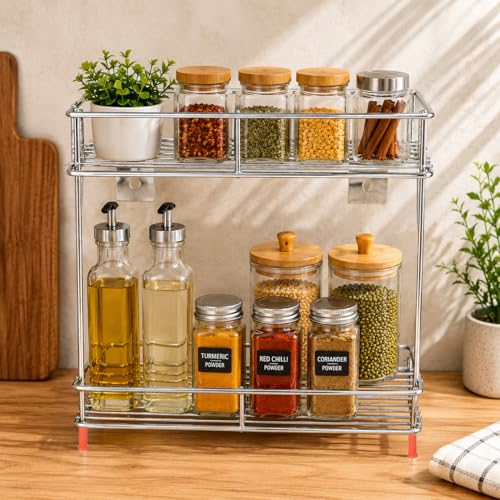Image of Zepdos 2 Tier Stainless Steel Kitchen Organizer Rack, Wall Mounted Spice Rack & Countertop Storage Shelf for Kitchen, Bathroom & Pantry, Multipurpose Storage Stand for Jars, Oil Bottles & Utensils