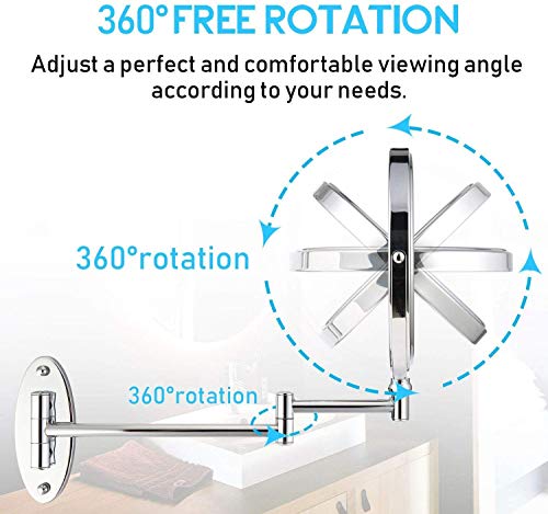 Miusco Wall Mounted Makeup Mirror, Premium 10X Magnifying 8'' Two-Sided Bathroom Vanity Mirror, Extendable Arm, Round, Chrome #TOP5
