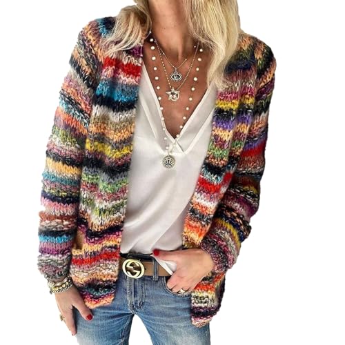 Women's Rainbow Striped Cardigan Sweater,Long Sleeve Multicolor Open Front Sweater Fall Winter Casual Outwear