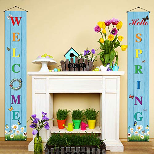 Sunwer Hello Spring Banner,Spring Welcome Porch Sign,Spring Party Decoration Outdoor Indoor Front for Home Farmhouse School Classroom