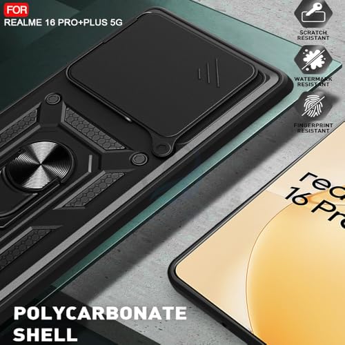 Image of AESTMO Tough Armor Realme 16 Pro Plus 5G Bumper Back Case Cover | Ring Holder & Sliding Camera Shield Cover | 360 Degree Protection Back Case Cover for Realme 16 Pro Plus 5G (Black)