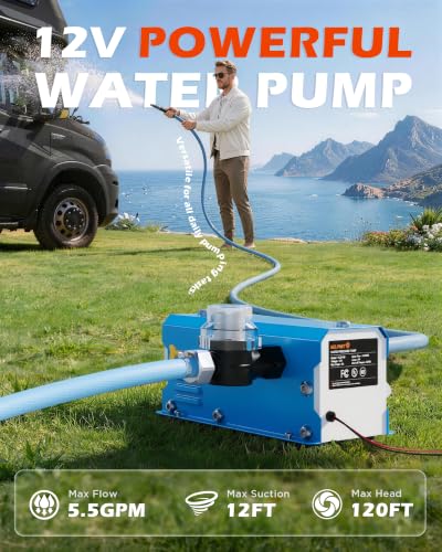 Image of 12V RV Water Pump, 5.5 GPM 50 PSI Self Priming Diaphragm Pump, 12 Volt DC Fresh Water Pump with Built-in Pressure Switch, Quiet On Demand Water Pump for RV Camper Marine Boat Yacht Food Truck