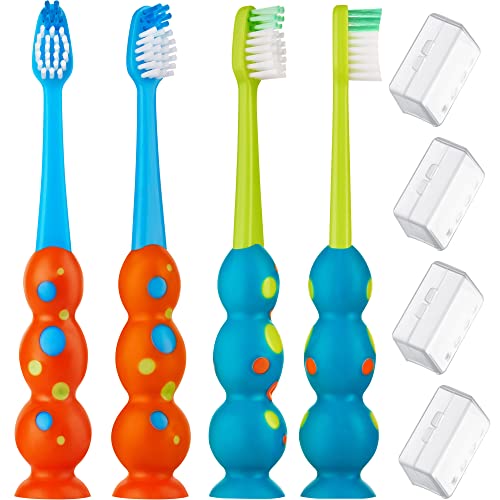 Trueocity Kids Toothbrush 4 Pack - Soft Contoured Bristles - Child Sized Brush Heads (3-10 Year Old) - Suction Cup for Fun & Easy Storage - Girl & Boy Set (Blue & Orange)