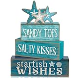 Yuntau 4 Pcs Summer Table Decorations Beach Tiered Tray Decor Starfish Coastal Rustic Wooden Block Sign Stacked Book Nautical Table Centerpiece for Farmhouse Home Living Room Office Desk Shelf Mantel