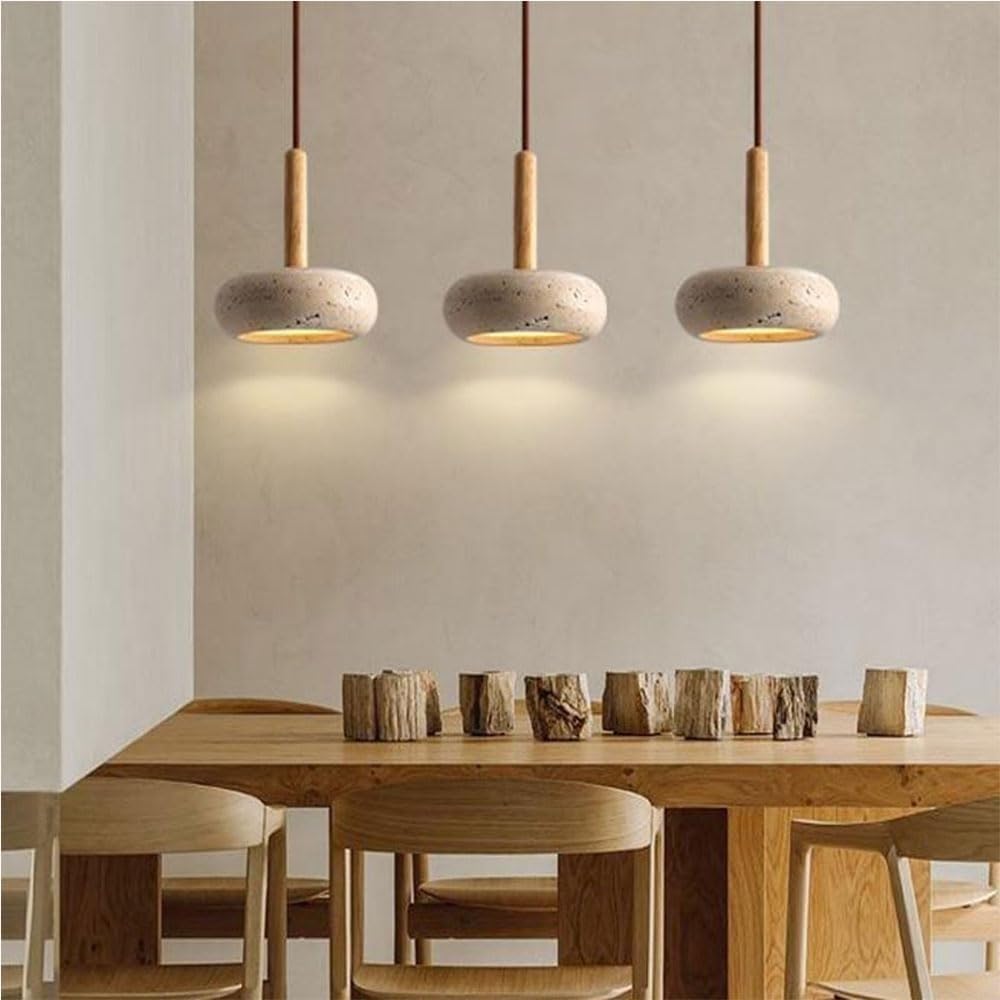 Nowoczesna i minimalistyczna lampa wisząca z 3 regulowanymi światłami, żółty żyrandol trawertynowy, drewniana podstawa, wisząca oprawa do sypialni lub salonu (prostokątny, 80 cm)