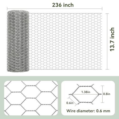 Chicken Wire 13.7 in x 236 in Poultry Wire Netting + 100 Ties Hexagonal Galvanized Mesh Garden Fence Barrier for Craft Projects Pet Rabbit Fencing - image 2