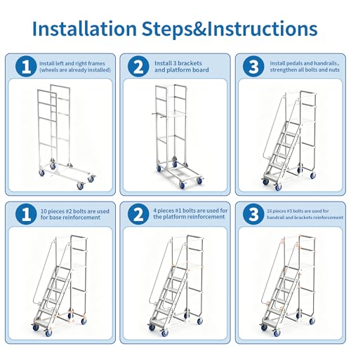 Image of 6-Step Rolling Ladder with Handrails Lockable Wheels, Rolling Stairs with 51 inch Heigh Anti-Slip Platform with Fencehail, Industrial Platform Ladder for Supermarket Warehouse Factory, 19.6 inch W x74.7 H