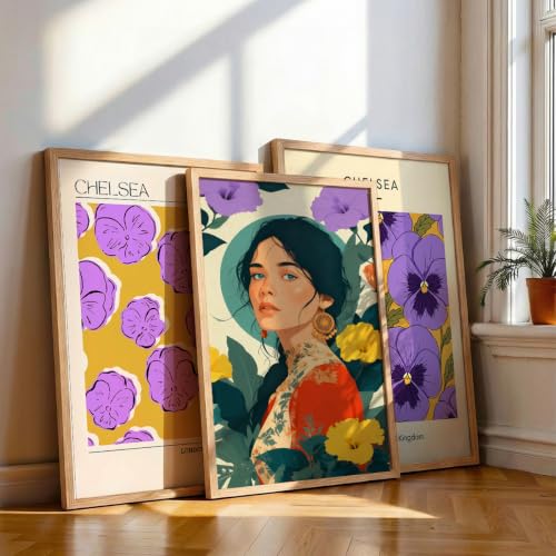 Image of NoWorries Modern Portrait Art & London Floral Wall Frames Paintings | Chelsea & Covent Garden Botanical 300 GSM Premium Prints | Stylish Home Decor for Living Room, Office & Bedroom | Synthetic Wooden Wall Art Frames (Set of-3) (NATURAL, ART-4, 25X37INCHES)