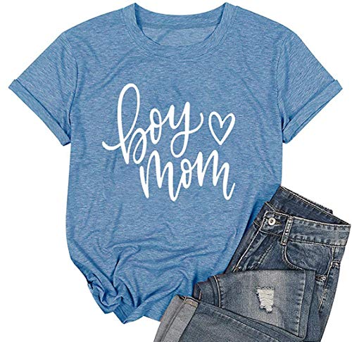 Boy Mom Tee Shirt for Women Short Sleeve Letter Printed Graphic Mom Gifts Tee Shirts (Light Blue, XXL)