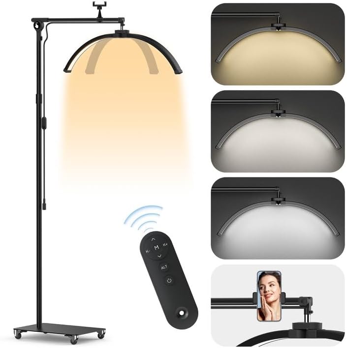 TwoWin Half Moon Light with Wheels, Lash Light for Eyelash Tech Adjustable Brightness, Warm to Cool Light - Esthetician Light for Lash Techs with Phone Holder, LED Floor Light for Skincare, Tattoo