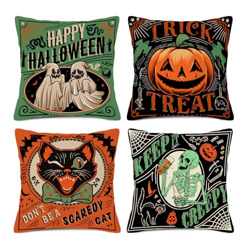Halloween Pillow Covers 2020 Set of 4 Vintage Linen Pillow Case Pumpkin Decorative Pillowcase Halloween Decor for Home Couch Bed Indoor Outdoor