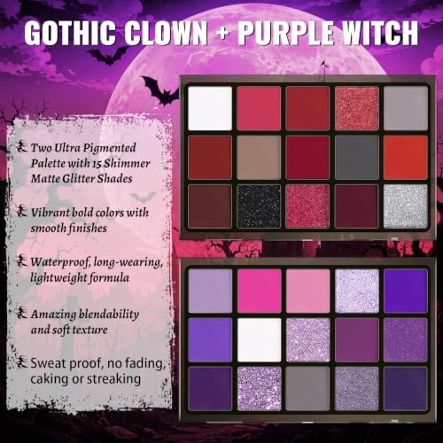 Image of UCANBE 2pcs Eyeshadow Palette Makeup Set, Red Purple 15 Colors Shimmer Matte Metallic Eye Shadow Pallet with Soft Brush Eye Make Up Kit for Halloween Cosplay Costume Joker Clown Vampire Witch Ursula