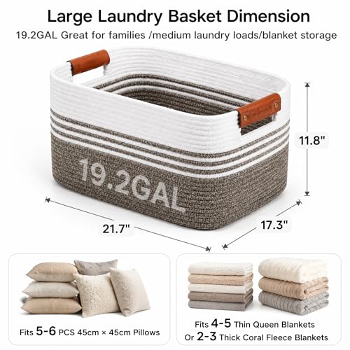 Image of Cotton Rope Laundry Basket Large, 19.2GAL Collapsible Woven Storage Baskets for Living Room Kids Toys Stuffed Animal,Boho Rectangular Decorative Short Hamper for Dirty Clothes, Blankets Dark Brown