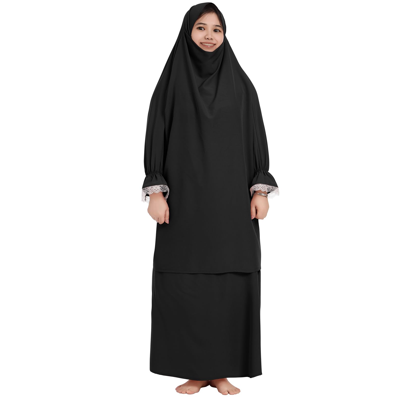 IMEKIS Muslim Abaya Prayer Clothes for Kids Girls Lace Long Sleeve Full Cover Hijab Dress Kaftan Set Islamic Jilbab Loose Skirt Modest Clothing Black 18-24 Months