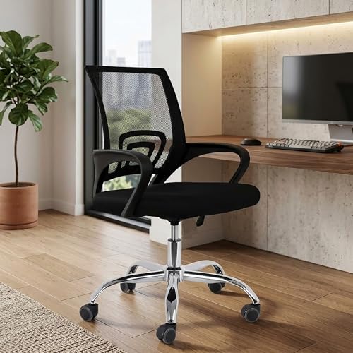 Image of NORMAN JR, Ergonomic Desk Chair Mesh Computer Chair with Lumbar Support Armrest Executive Rolling Swivel Adjustable Mid Back Chair - Black Milange & Black Handle