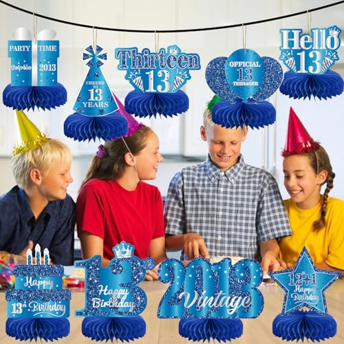 Image of 9Pcs 13th Birthday Decorations Blue Silver 13th Birthday Party Decorations for Teens Boys Girls,Happy 13 Years Birthday Honeycomb Centerpieces Table Sign Decor Supplies