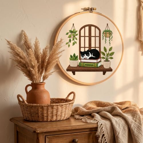 Image of Nuberlic Embroidery Kit for Beginners Stamped Black Cat | Includes Printed Fabric, Hoop, Threads, Needles And Guide Needlework Kit DIY Wall Decor, Gifts And Relaxing Art