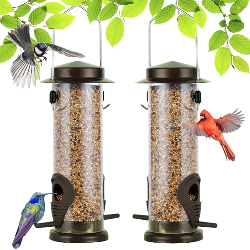 Urban Deco Vogelfutterspender mit 2 Futteröffnungen, Vogelfutterhaus mit 21,5 cm Massivem Transparentrohr, Metall Futterhaus für Vögel (Kaffeebraun-2PK)