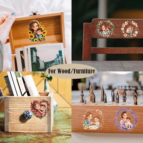 Image of ZMRU 24 Sheets Vintage Mom Rub On Transfers for Crafts, Cold IOD Transfers Stickers for Wood，Furniture Decals, Glass, Porcelain, Leather, Canvas, Fabric Projects,3 * 3inch(Surrounded by Mom)