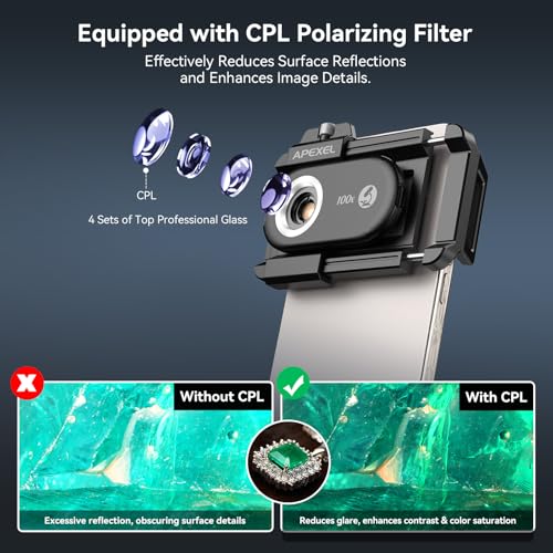 Image of APEXEL Phone Microscope Lens, PhoneMicro 5 Series 100X Phone Micro Lens for Android /iPhone With LED Light /CPL /Universal Clip, Mini Pocket Microscope, Smartphone Camera Attachment for iPhone & Android.
