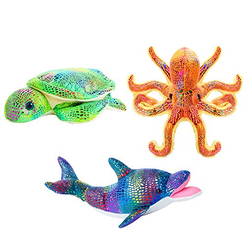 Sea Stuffed Animals Set  Glitter Sea Animals Plush Toys Set of 3 Ocean Sea Creatures  Octopus, Dolphin and Sea Turtle Stuffed Animal  Soft, Squeezable and Sparkly  Great Gift for Kids