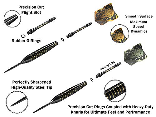 CC-Exquisite Professional Steel Tip Darts Set - 6 x 22g Brass Barrels with 12 Flights Standard/Slim, 12 Aluminum Shafts 35/48mm, 12 O-Rings, Dart Tool, Dart Sharpener and Case (Black)