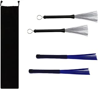 Drum Brushes Set 1 Pair Retractable Wire Brushes and 1 Pair Nylon Brushes Set with Rubber Handles for Cajon Jazz Percussion Accessories