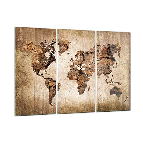 Quadro su Vetro mappa mondo moderno Stampe da Parete in Vetro 105x70cm Quadri Moderni Soggiorno Camera da Letto Cucina Set 3 pezzi Grandi Decorazione Murale Wall Art Grafica Immagini GCE105x70-3590