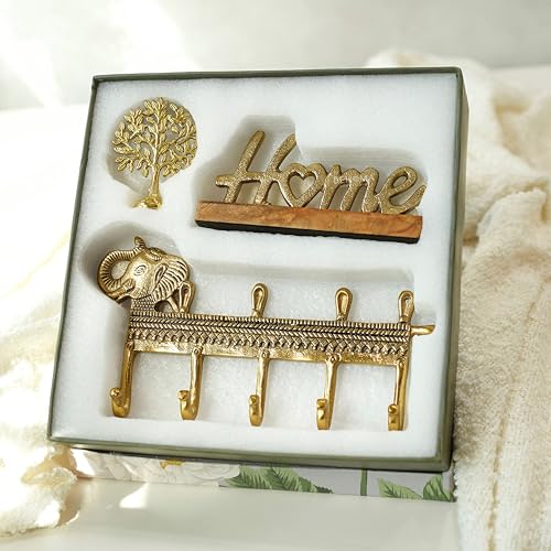 Image of BEHOMA Home Blessings Gift Set of 3 | Elephant Key Holder, Gold Home Word Sign & Brass Kalpavriksha Tree | Entryway Key Stand, Living Room Table Decor | Vastu Gift Set for Home