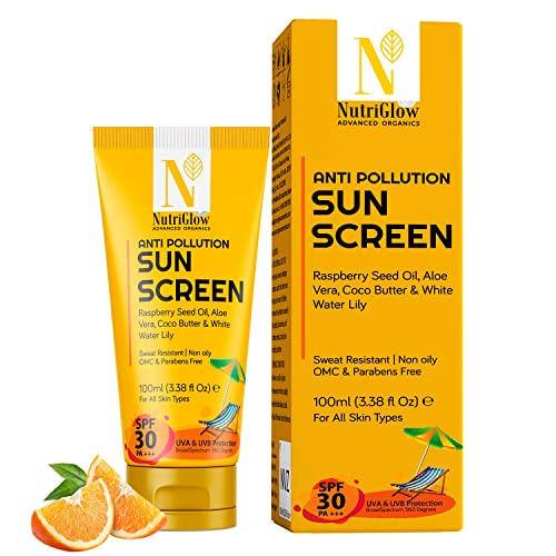NutriGlow Advanced Organics Anti Pollution Sun Screen SPF 30 PA+++ With Aloe Vera Extract For Non Greasy Daily Moisturizer, Dry, Damage and Tan Free Skin, All Skin Types, 100 ml