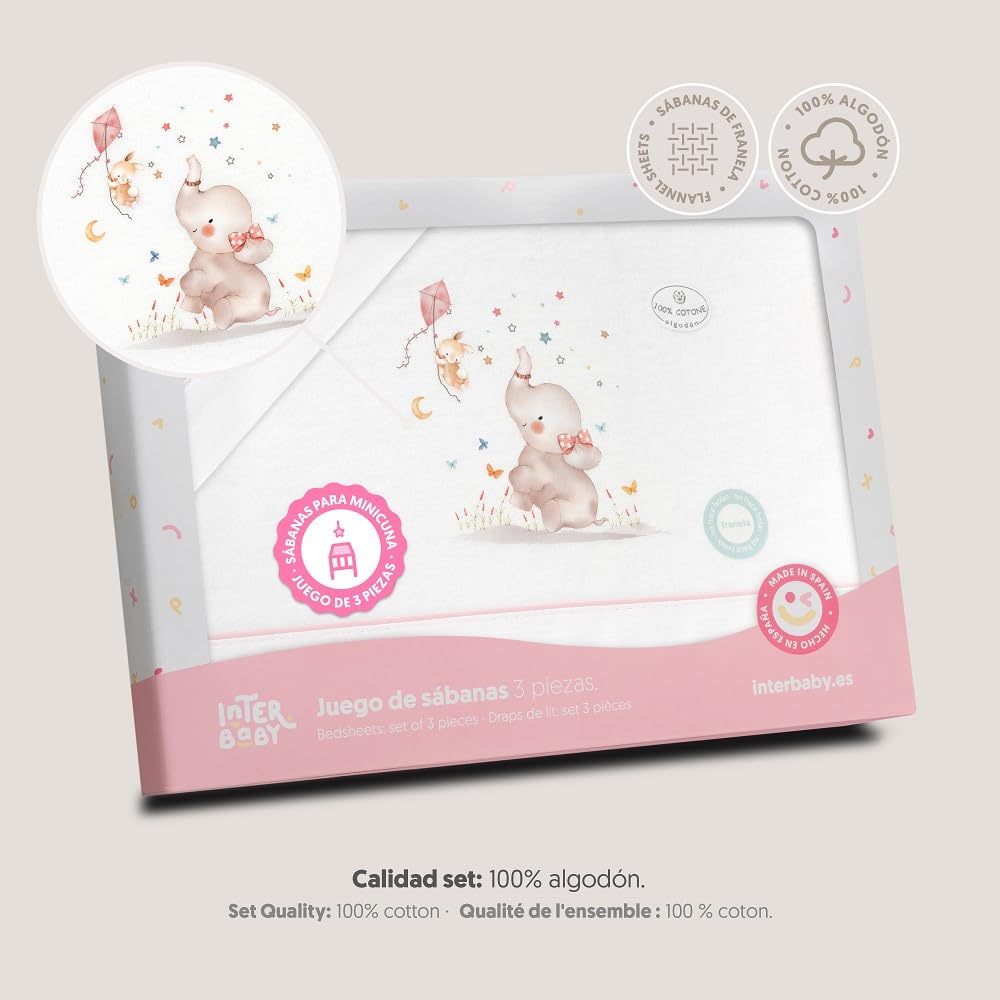Interbaby Set Lenzuola In Corallina Per Culla 50x80 Cm - Elefante Cuore - 3 Pezzi Con Angoli E Federa - 5