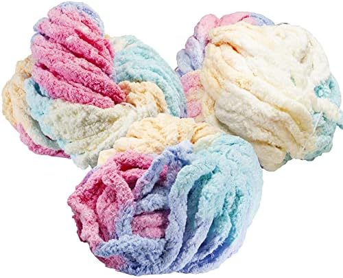 iDIY Chunky Yarn 3 Pack (24 Yards Each Skein) - Rainbow Multi Color - Fluffy Chenille Yarn Perfect for Soft Throw and Baby Blankets, Arm Knitting, Crocheting and DIY Crafts and Projects!