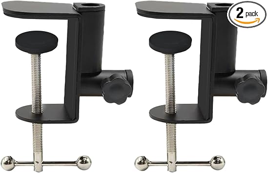 Desk C-Clamps with 2 Pieces 1/2" Thread Hole, 2 Pack Adjustable Metal Clamps on Table Stand, Black Desk Light Clamp Holder for Swing Arm Magnifying Desk Lamp Microphone Camera