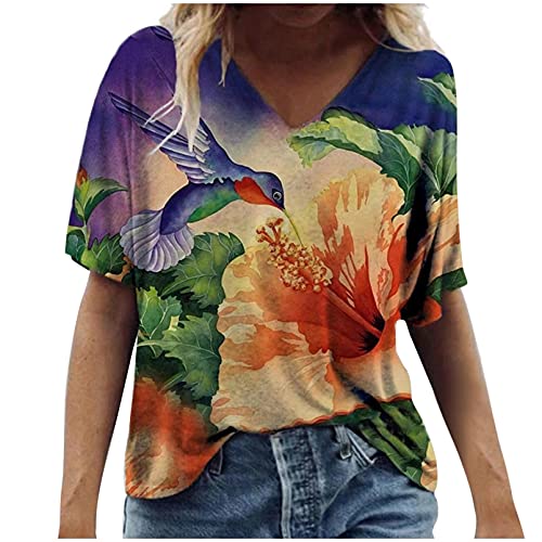 OutTop Summer Tops for Women Casual 3D Printing T Shirts Short Sleeve Plus Size Tunic Tops V Neck Tees Fashion Tops Blouses (#01-Orange, XXL)