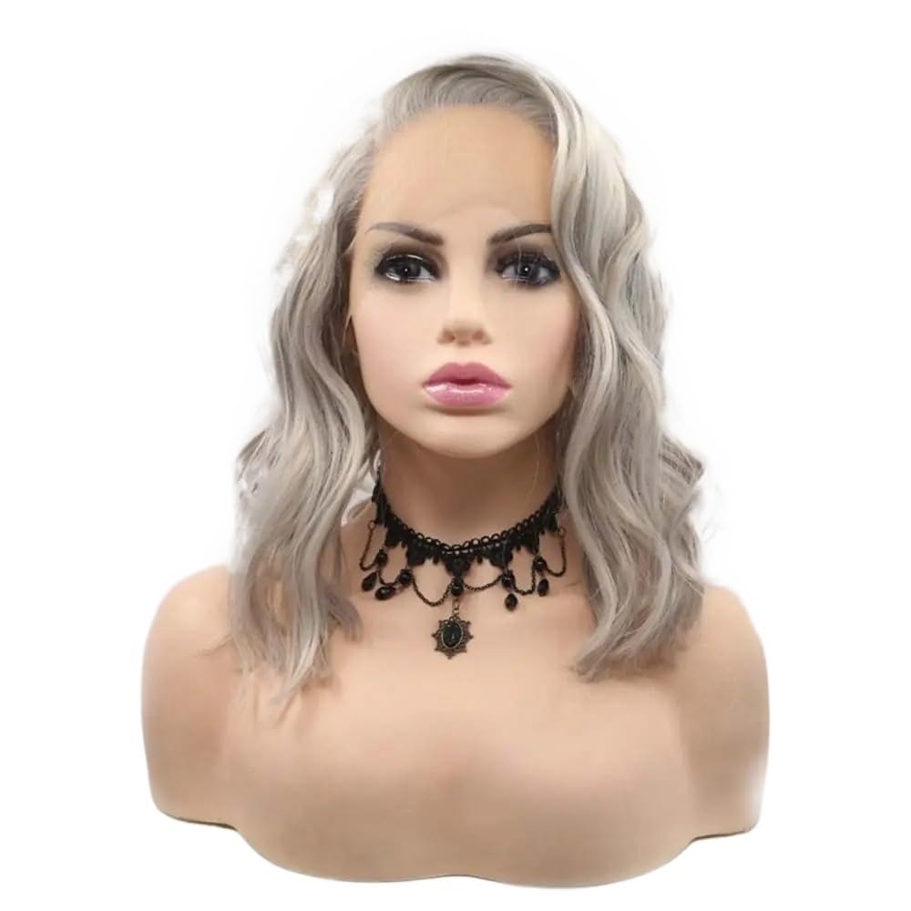 Parrucche sintetiche grigie con pizzo frontale riccio for donne Parrucche corte in fibra resistente al calore da 14"