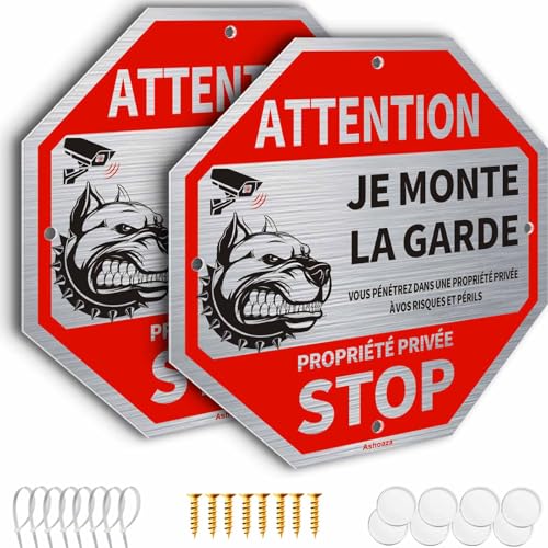 FR 2 Piezas Ashoaza Atención Perro, Panel Propiedad Privada Aluminio, Cm 20 x 20 Stop Propiedad, Paneles de Videovigilancia I Monte La Guardia Octogonal (Atención a los Perros)