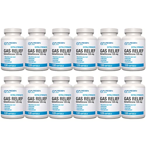 Image of Puregen Labs Extra Strength Gas Relief Softgels with Simethicone 125 mg | Fast Relieve of Pressure, Bloating and Painful Discomfort - 12 Pack | Total 1440 Softgels