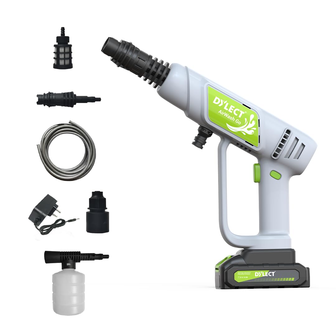 DYLECT® AirWash Go Cordless Pressure Washer Gun, Battery-Operated High Pressure Car Washer with Adjustable Nozzle, Foam Spray, 5m Hose | Reliable Power for Car, Bike & Home Cleaning (Light Grey)