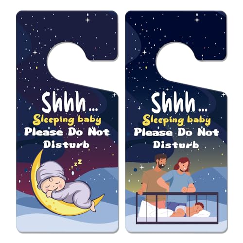 Zaamwoyy Baby Sleeping Sign - 2PCS Door Hanger for Front Door, Do Not Disturb, Do Not Knock or Ring - New Born Gifts, Black Blue