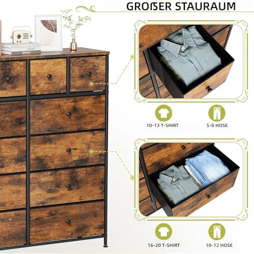 Clevich Stoff-Kommode, Schminktisch Schrank, Aufbewahrungsschrank, 12 Schubladen aus Stoff, Metallrahmen, industrieller Stil, für Wohnzimmer, Flur, Schlafzimmer (Retro braun+schwarz)