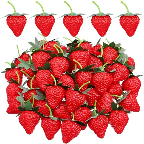 ABOOFAN 50Pcs Fake Strawberries Artificial Fruits Lifelike Plastic Strawberry for Home Kitchen Party Decor Photography Prop
